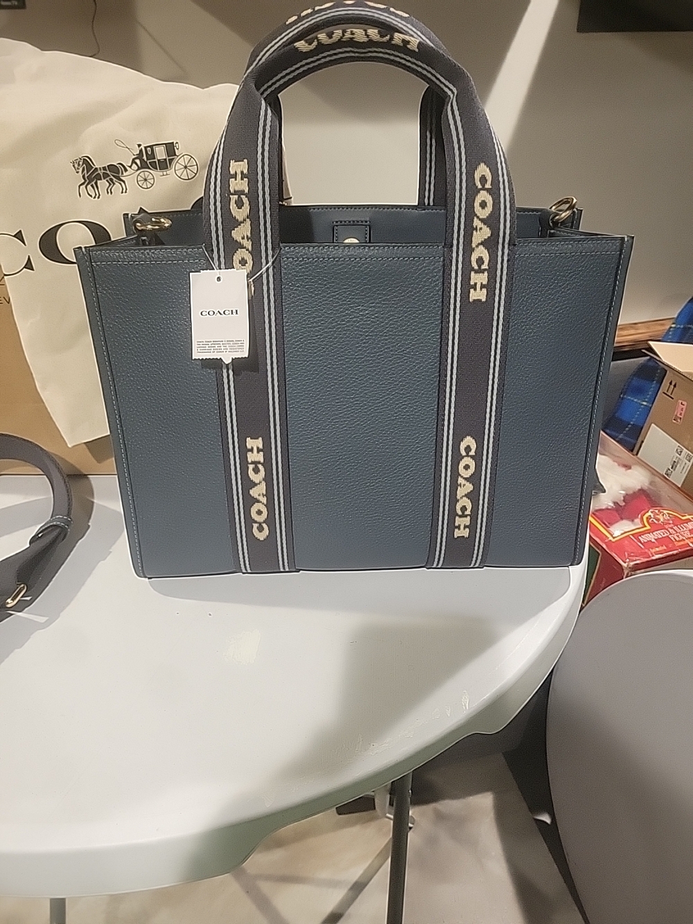 Coach Navy Logo Strap Leather Tote - Picture 7 of 16